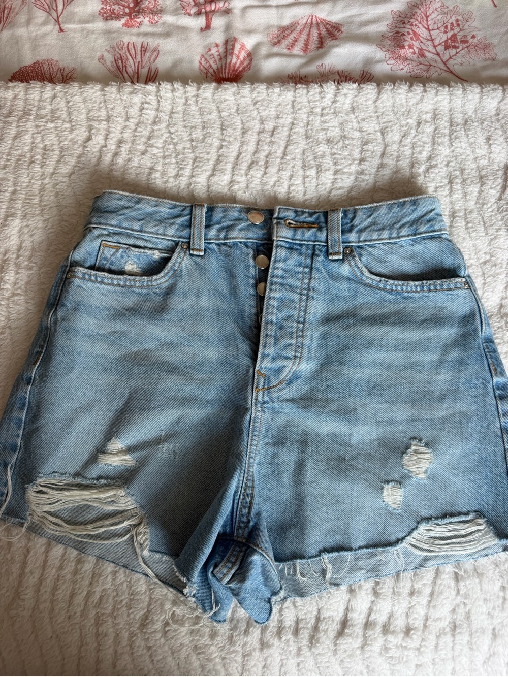 Zara Light Blue Distressed High-Waist Denim Shorts